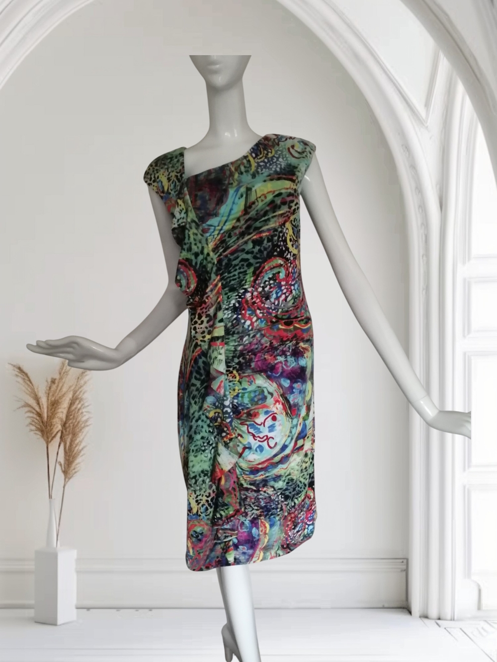 Simon Chang One-Shoulder Abstract Multicolor Cocktail Dress